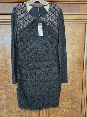 BCBGMaxAzria Black Fringe & Geometric Lace Long-Sleeve Dress